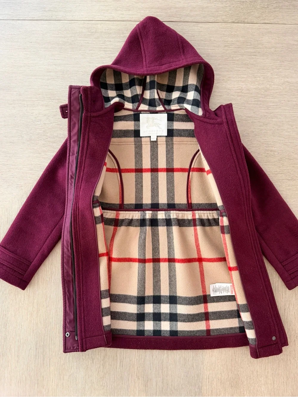 Burberry Girls' Duffel Hooded Coat in Deep Burgundy 100% Wool Sz10